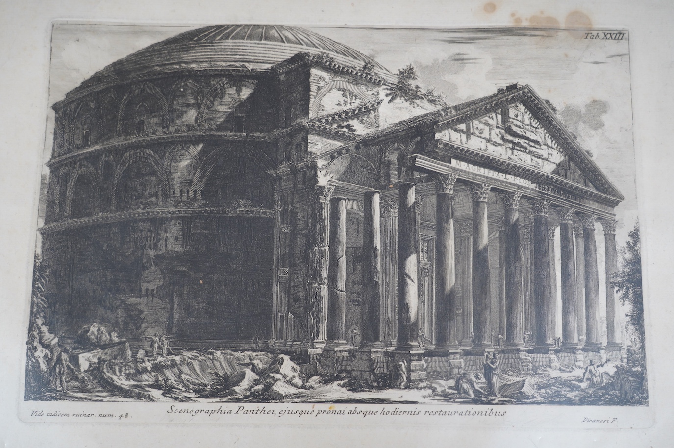 Francesco Piranesi (1758-1810), engraving, ‘Scenographia Panthei, ejusque pronai absque hodiernis restaurationibus’, 24 x 35.5cm. Condition - fair, stained